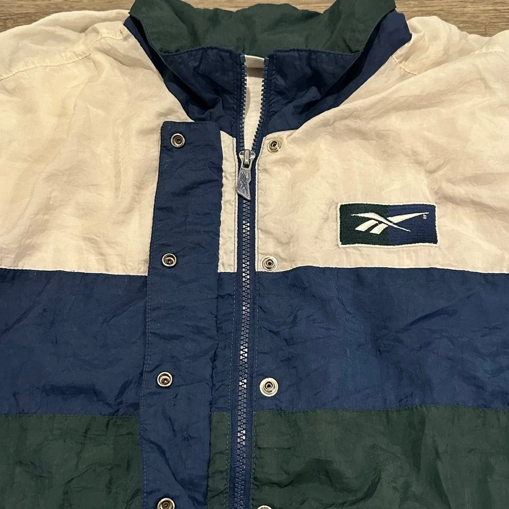 Vintage 90s Reebok Mens Windbreaker Jacket Size L Blue Green Colorblock Flawed